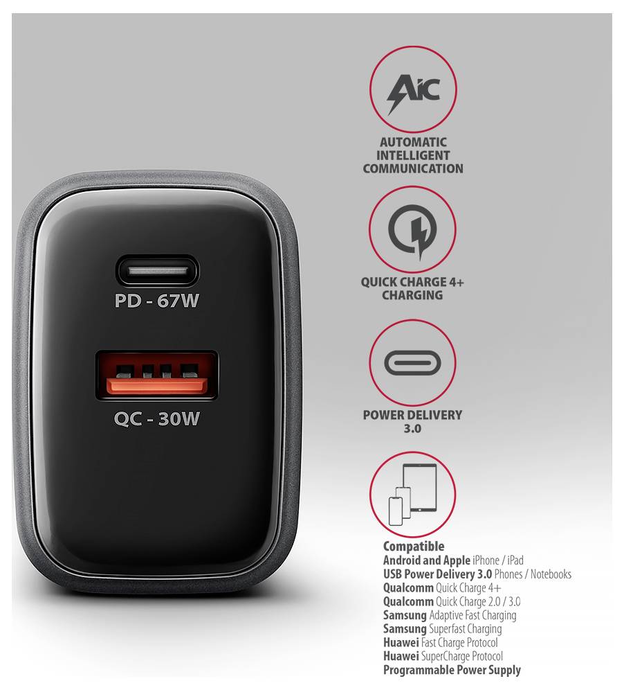 Schwarzes Dual-Port-Wandladegerät mit der Bezeichnung PD-67W und QC-30W, mit Symbolen für AIC, Quick Charge 4+, Power Delivery 3.0 und Gerätekompatibilität.