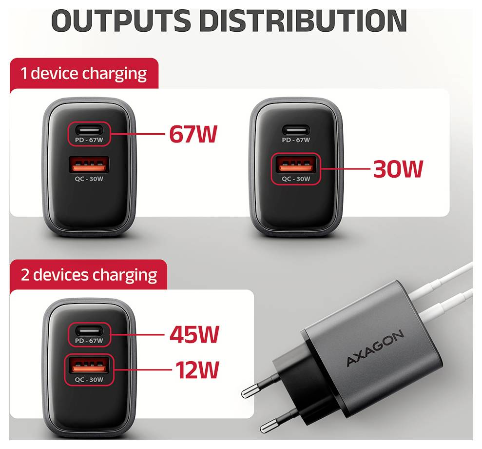 AXAGON USB Ladegerät 67W USB-C® Buchse (Power Delivery), USB-A Buchse Quick Charge 3.0 Schwarz, Grau GaN