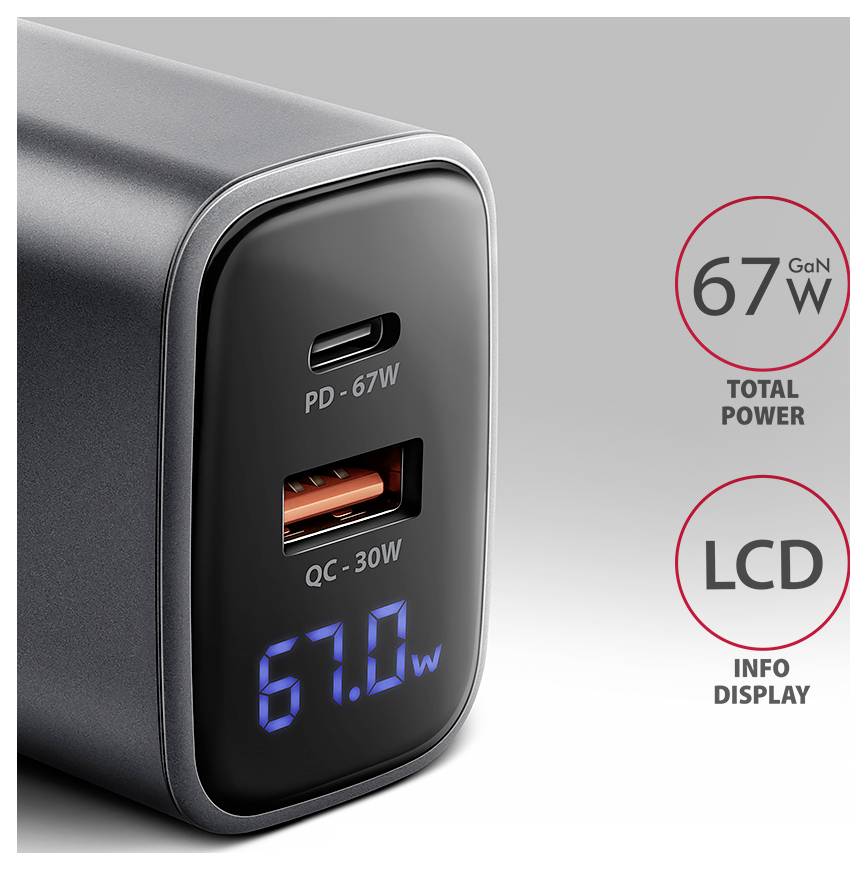 AXAGON USB Ladegerät 67W USB-C® Buchse (Power Delivery), USB-A Buchse Quick Charge 3.0 Schwarz, Grau GaN, USB Power Delivery