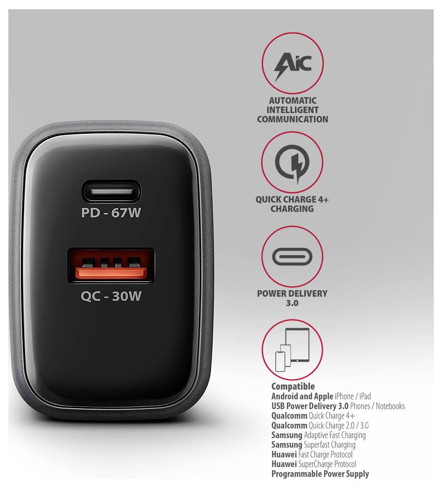 AXAGON USB Ladegerät 67W USB-C® Buchse (Power Delivery), USB-A Buchse Quick Charge 3.0 Schwarz, Grau GaN, USB Power Delivery