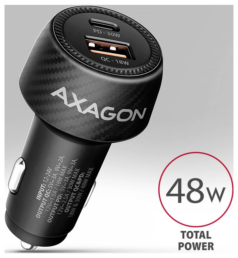 AXAGON Kfz Ladegerät 48W USB-C® Buchse (Power Delivery), USB-A Buchse USB PD 3.0, Adaptive Fast Charge, USB PD 2.0, QC 4+ Schwarz