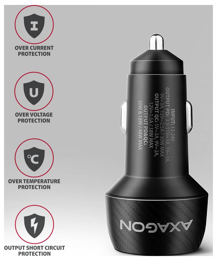 AXAGON Kfz Ladegerät 48W USB-C® Buchse (Power Delivery), USB-A Buchse USB PD 3.0, Adaptive Fast Charge, USB PD 2.0, QC 4+ Schwarz