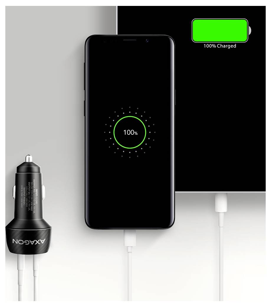 Smartphone-Laden per Kabel neben einem Autolader und Tablet, alle mit 100% Ladung angezeigt.