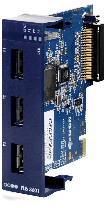 Blaues Industrie-Elektronikmodul mit mehreren Anschlüssen und einer vergoldeten Kantenleiste, auf der Frontplatte mit „FLb 3601