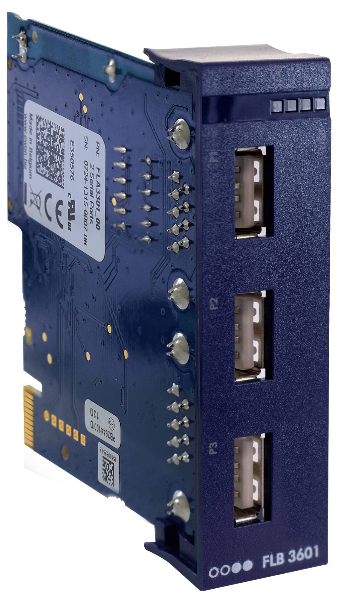 Blaues elektronisches Schaltkreismodul mit drei USB-Anschlüssen auf der Vorderseite, gekennzeichnet mit FLB 3601.