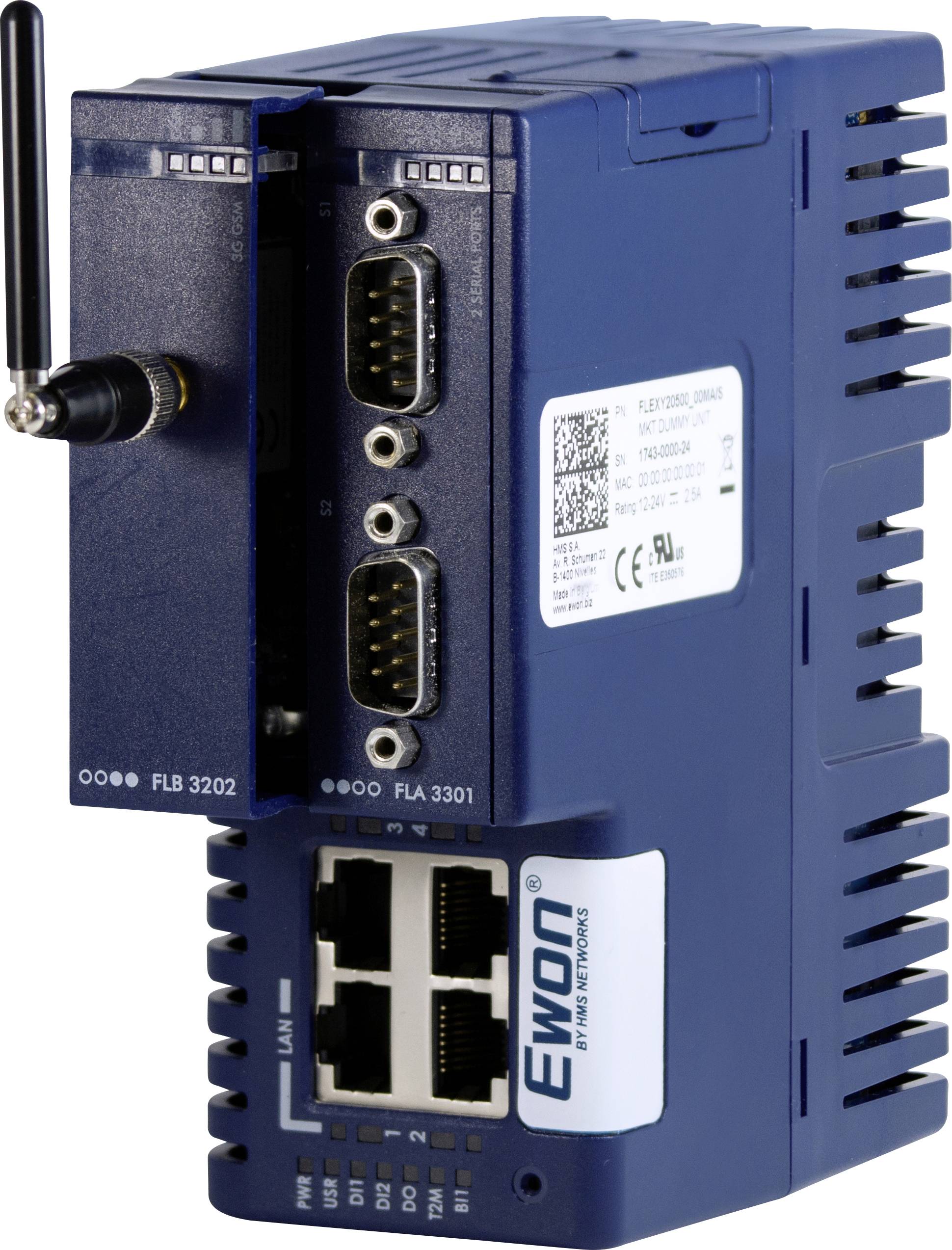 Blaues industrielles drahtloses Kommunikationsmodul mit Antenne, zwei seriellen Anschlüssen, vier Ethernet-Anschlüssen und Statusanzeigen.