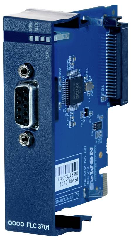 Blaues Industriesteuerungsmodul mit Serienanschluss und Stecker, gekennzeichnet mit „FLC 3701