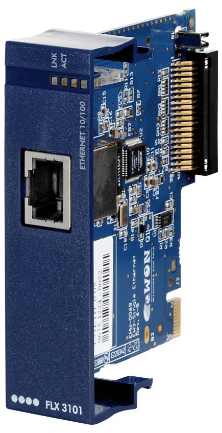 Blaues Ethernet-Modul mit Glasfaser mit der Bezeichnung FLX 3101, RJ45-Buchse und vergoldetem Kantenverbinder, abgebildet auf weißem Hintergrund.