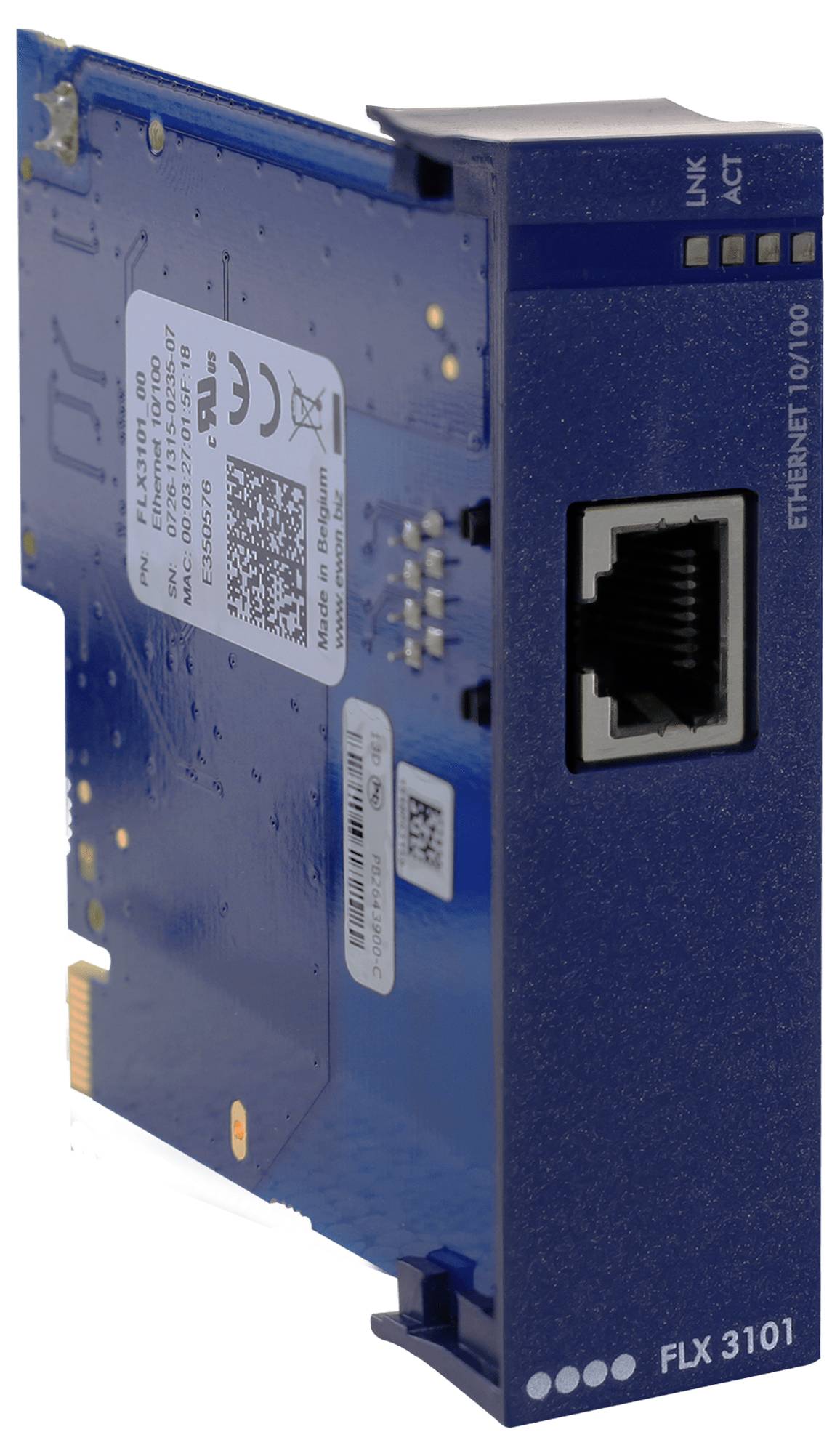 Blue FLX 3101 Ethernet-Modul mit RJ45-Anschluss und LINK/ACT-Anzeigen, Seitenansicht.