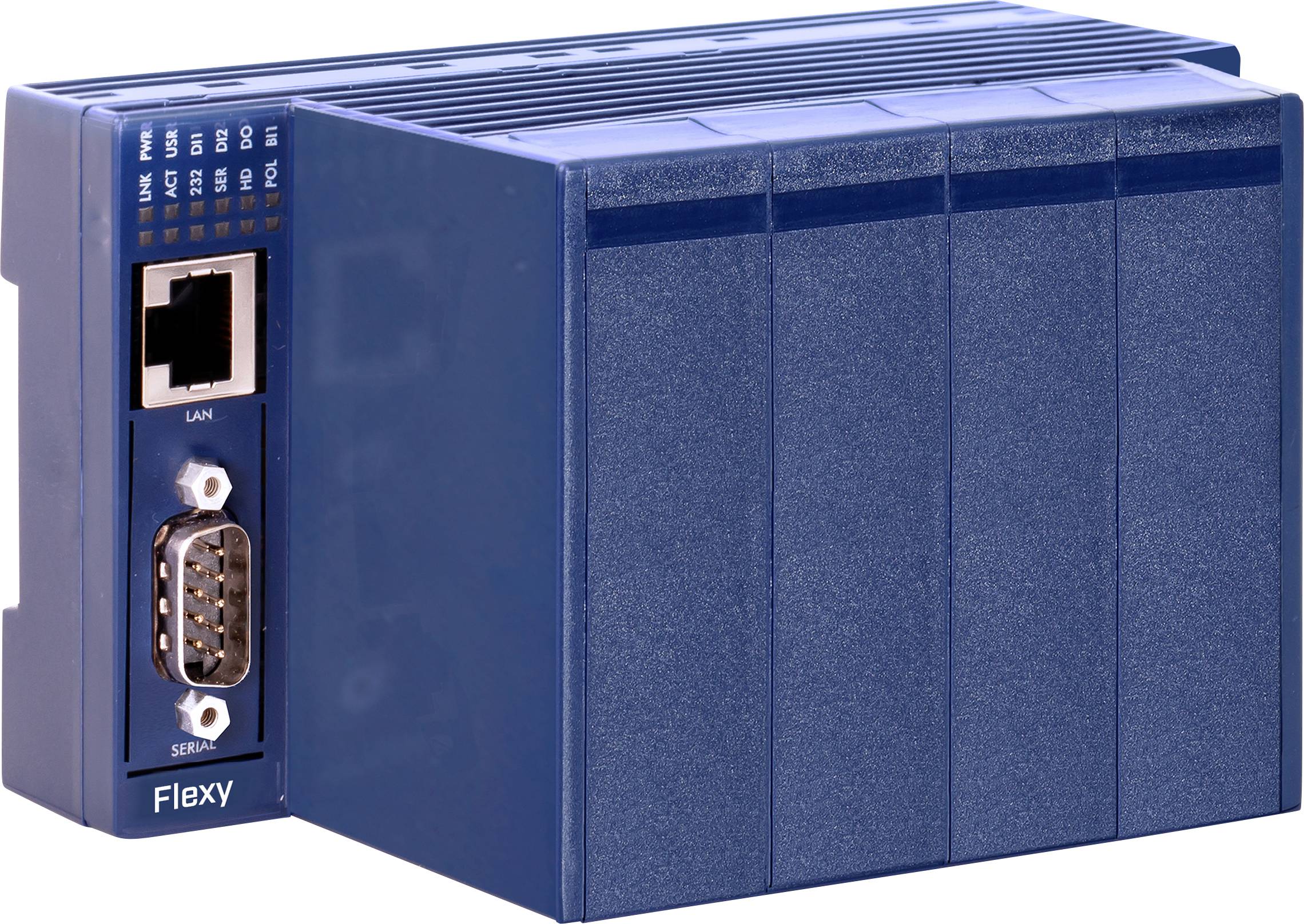 Blaues Industriesteuermodul mit Ethernet-LAN und Serienanschlüssen, gekennzeichnet mit „Flexy