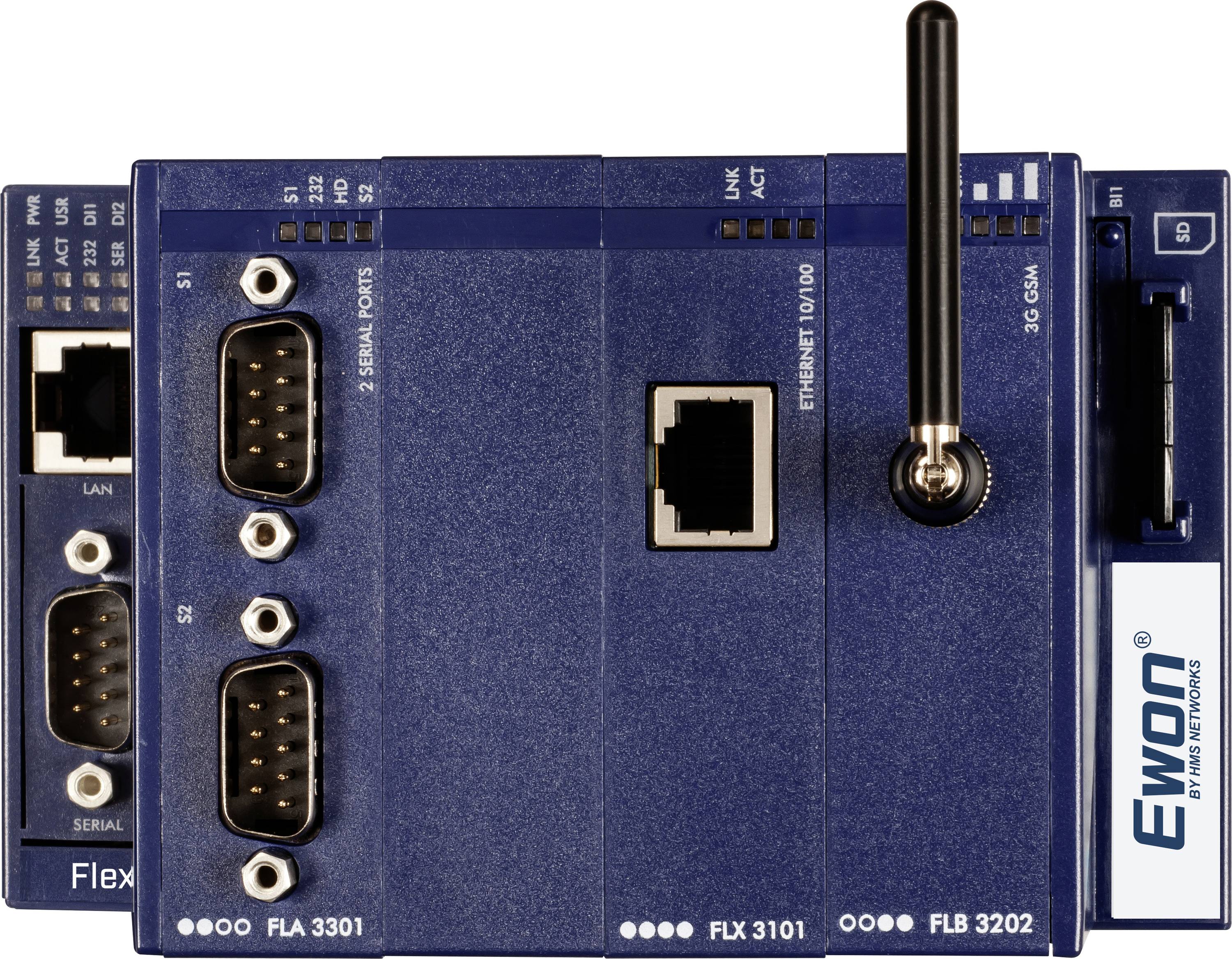 Modulares Industrie-Kommunikationsgateway mit Ethernet-, Seriellanschlüssen und einer 3G-GSM-Antenne auf blauen Gerätemodule.