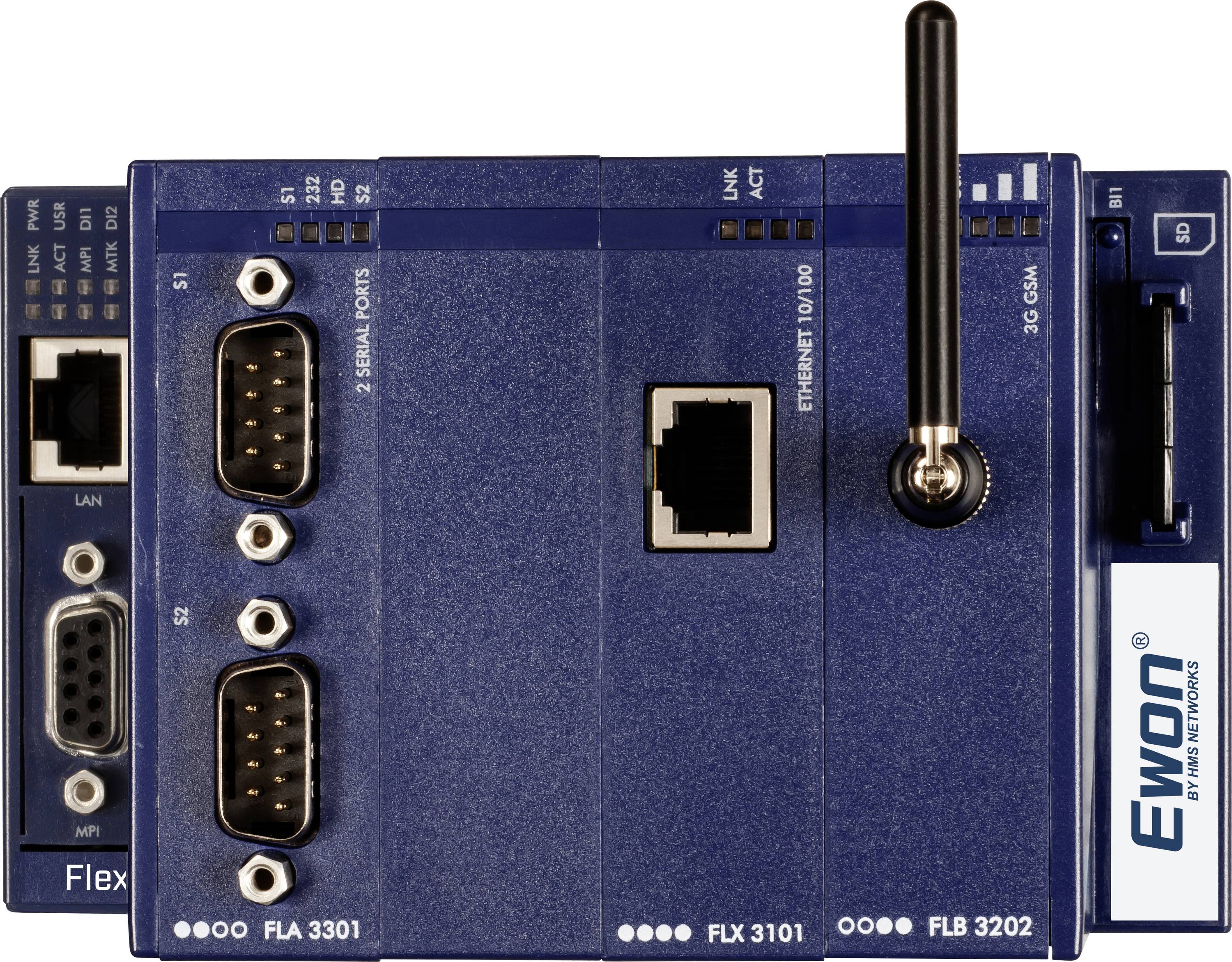 Modularer Kommunikationsregler für die Industrie mit Ethernet-, Serien- und 3G-GSM-Antennenmodulen mit der Bezeichnung 'FLA 3301', 'FLX 3101' und 'FLB 3202'.