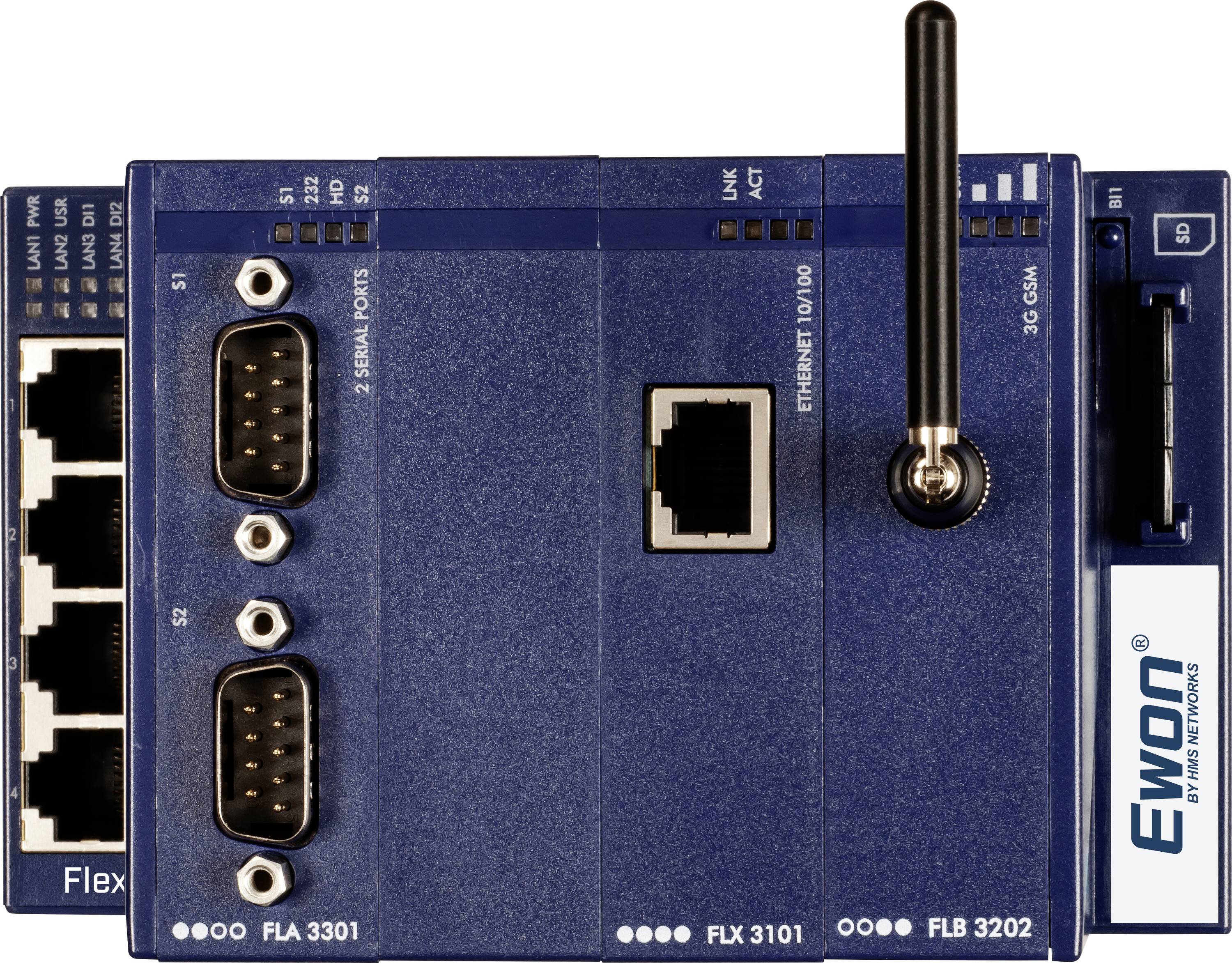 Modulares blaues industrielles Kommunikationsgerät mit Ethernet-Anschluss, zwei seriellen Anschlüssen und 3G-Antenne auf weißem Hintergrund.