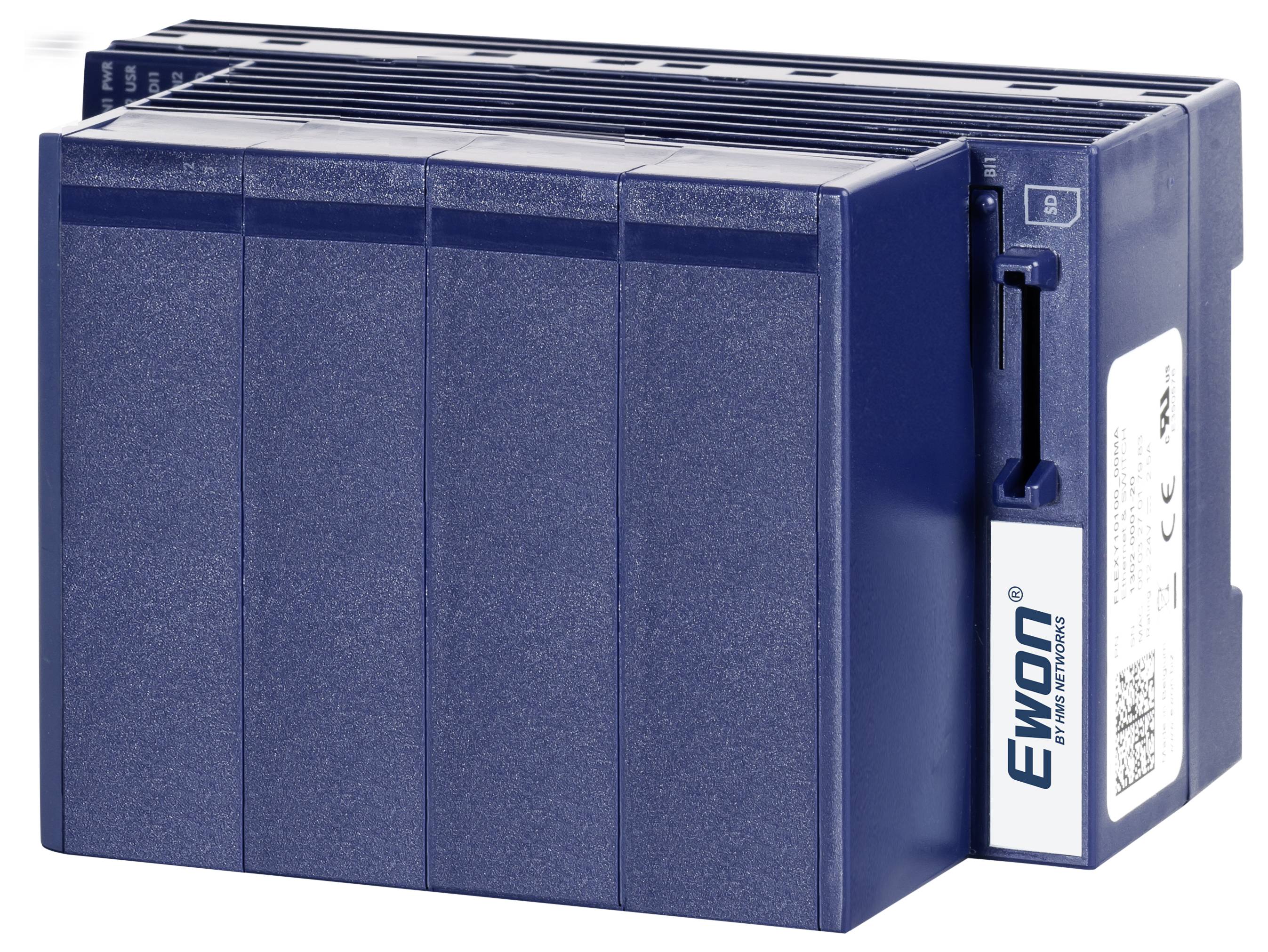 Blaues industrielles elektronisches Modul mit Kühlrippen und weißem Seitenetikett, dargestellt auf einfachem weißem Hintergrund.