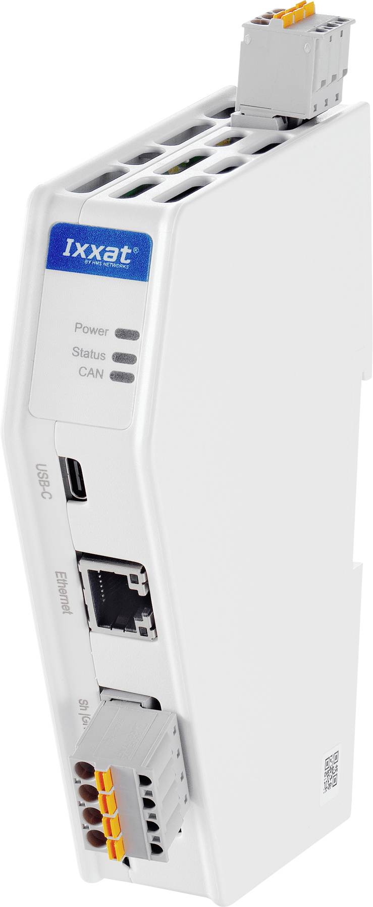 Ixxat-Industriekommunikationsmodul mit Stromversorgungs-, Status- und CAN-Indikatoren, USB-C- und Ethernet-Anschlüssen sowie Anschllussklemmen auf einem weißen Gehäuse.