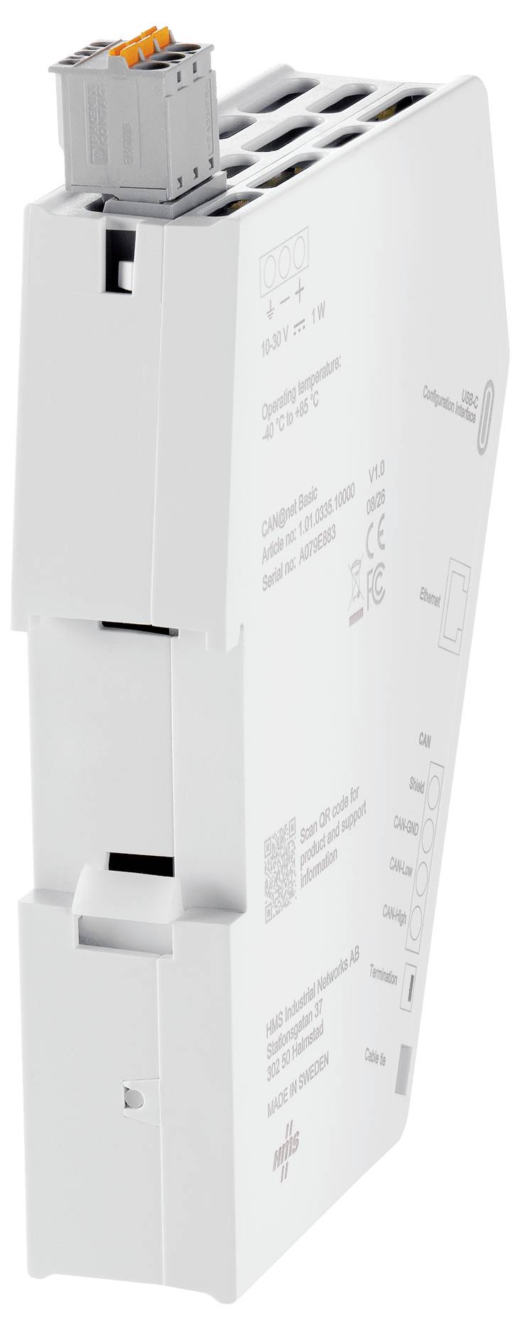 White DIN-rail mounted electronic module with a top connector and printed technical labels, shown in a product-style isolated view.