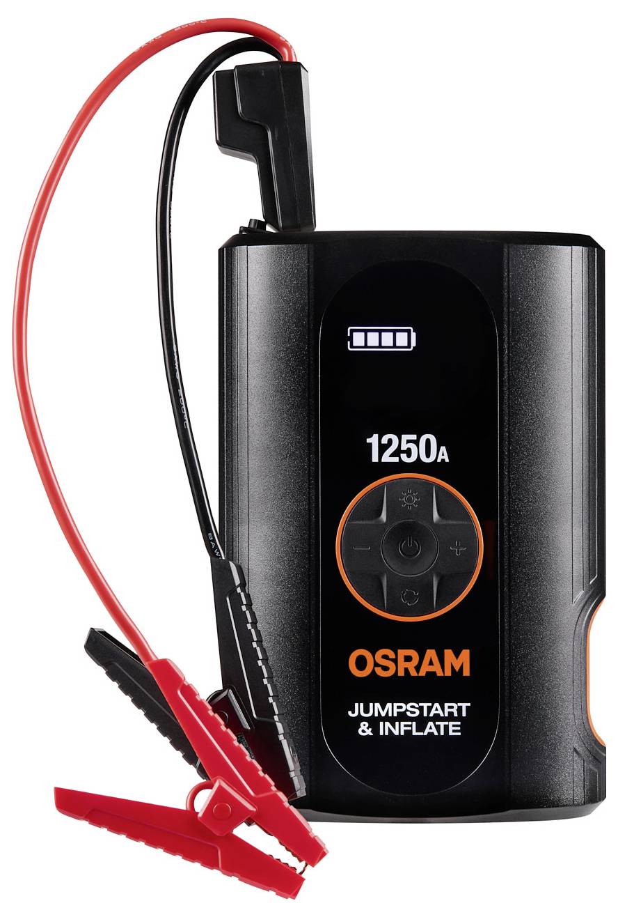 OSRAM Jumpstart & Inflate tragbarer Starthilfegerät mit Batterieanzeige und angebrachten roten/schwarzen Klemmkabeln.