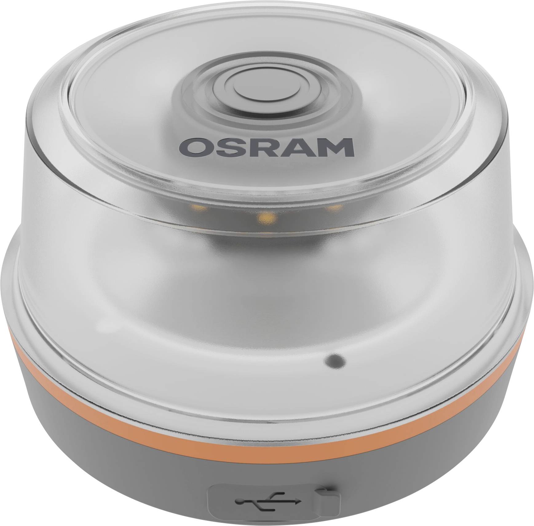 Rundes graues OSRAM-Gerät mit transparentem Oberteil, orangefarbenem Akzentring und USB-Anschluss an der Vorderseite, auf weißem Hintergrund dargestellt.