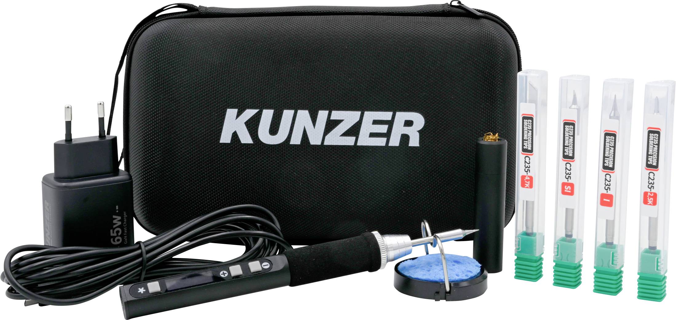 KUNZER Lötset mit Netzteil, tragbarem Lötkolben, Ständer und vier austauschbaren Lötspitzen in Kunststoffkassetten.
