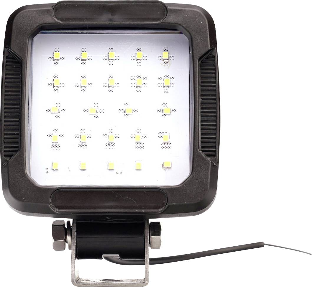 Tragbare LED-Arbeitsleuchte mit quadratischem schwarzem Gehäuse, verstellbarem Metallständer und Stromkabel auf weißem Hintergrund.