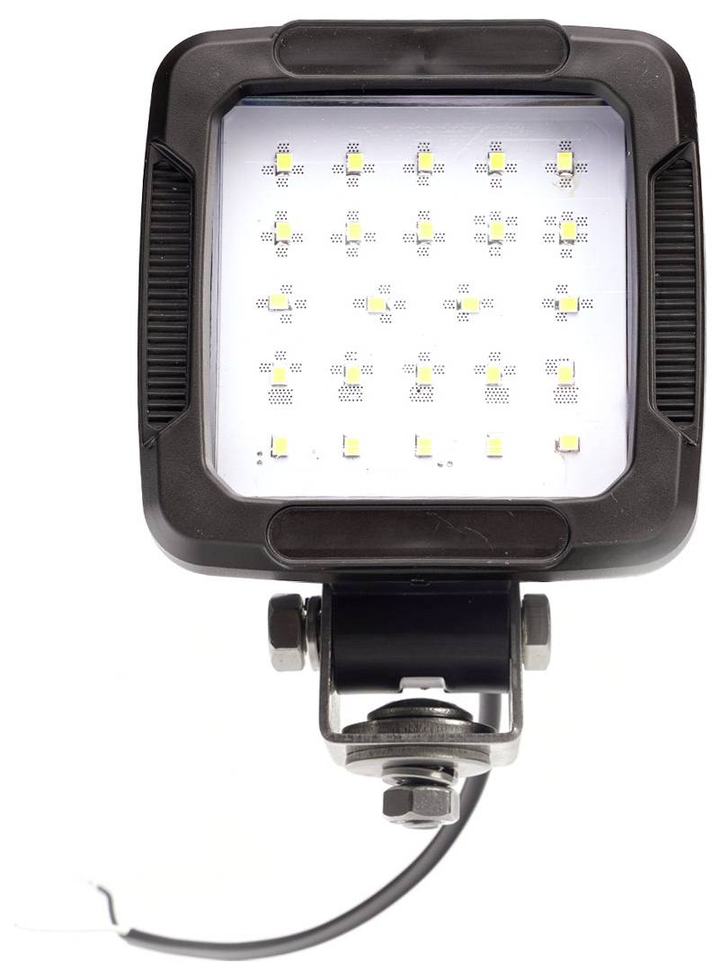 Schwarze quadratische LED-Arbeitsleuchte mit Montagebügel und Stromkabel, Vorderansicht auf weißem Hintergrund dargestellt.