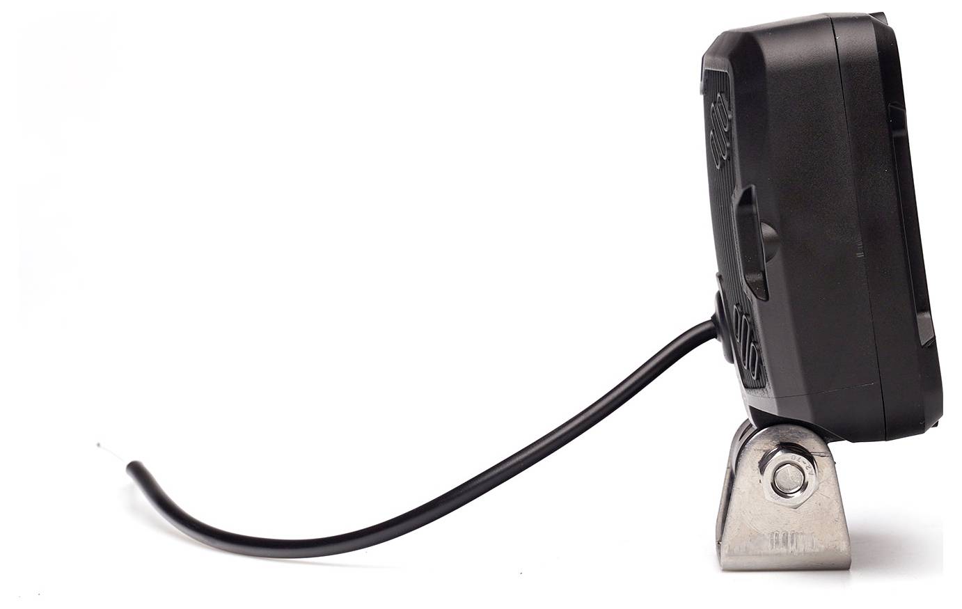 Schwarzes elektronisches Gerät auf einer Metallbasis montiert mit einem Kabel, das sich nach links erstreckt, auf weißem Hintergrund dargestellt.