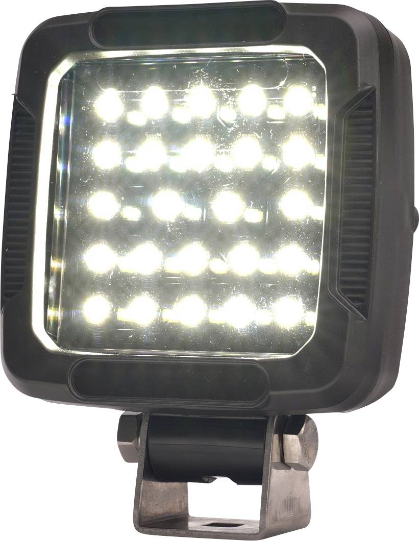 Quadratische LED-Arbeitsleuchte mit hellem Gitter aus Glühbirnen auf einer Montageklammer, auf weißem Hintergrund dargestellt.