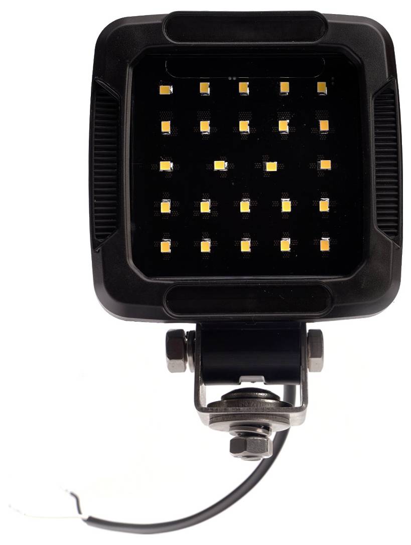Schwarzer quadratischer LED-Strahler mit Befestigungshalterung und angeschlossenem Stromkabel, frontal auf weißem Hintergrund dargestellt.
