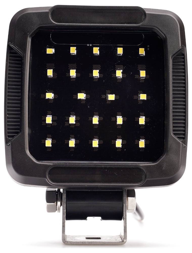 Schwarze quadratische LED-Arbeitsleuchte mit 20 kleinen gelben LEDs und einer Montageklammer auf weißem Hintergrund.