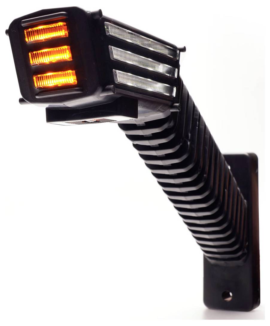 Schwarze Metall-Schwenkleuchte mit rechteckigem Kopf und beleuchteten orangefarbenen LEDs auf weißem Hintergrund.