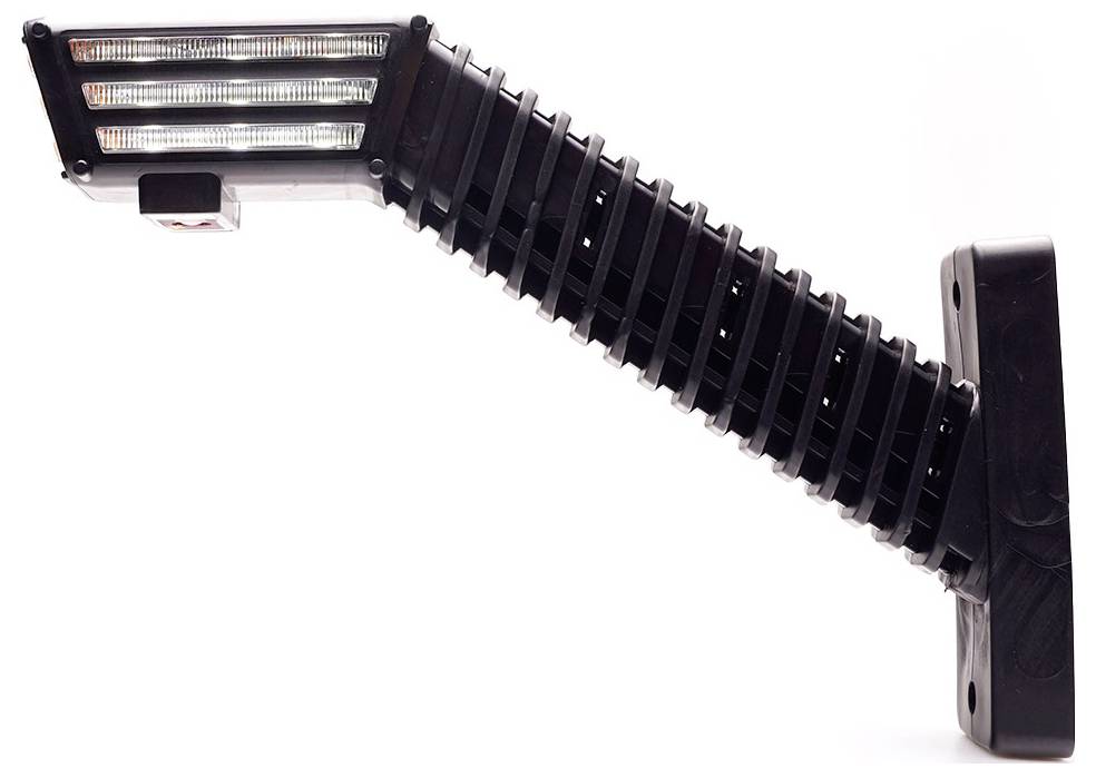 Schwarze verstellbare wandmontierte LED-Leuchte mit geripptem Arm und rechteckigem Lampenkopf auf weißem Hintergrund.