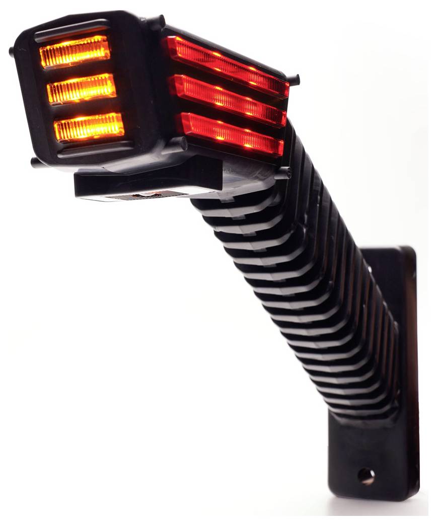 Nahaufnahme einer schwarzen verstellbaren LED-Aufgabenleuchte mit orange und rot beleuchteten Lichtpaneelen auf weißem Hintergrund.