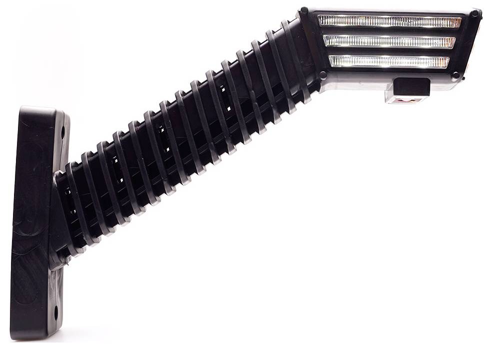 Schwarze gelenkige LED-Wandleuchte mit langem verstellbarem Arm und rechteckigem Lampenkopf mit mehreren Glühbirnen auf weißem Hintergrund.