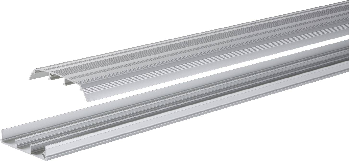 Zwei lange silberne Aluminium-Extrusionsschienen mit nuten-förmigen Kanälen, diagonal auf weißem Hintergrund dargestellt.