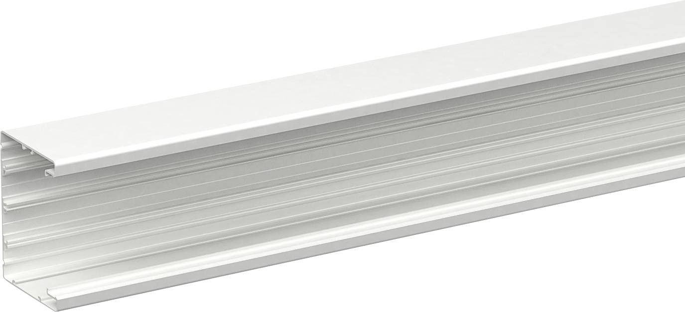Langes weißes Aluminiumprofil oder Zierleisten-Strangpressprofil in perspektivischer Darstellung auf weißem Hintergrund.