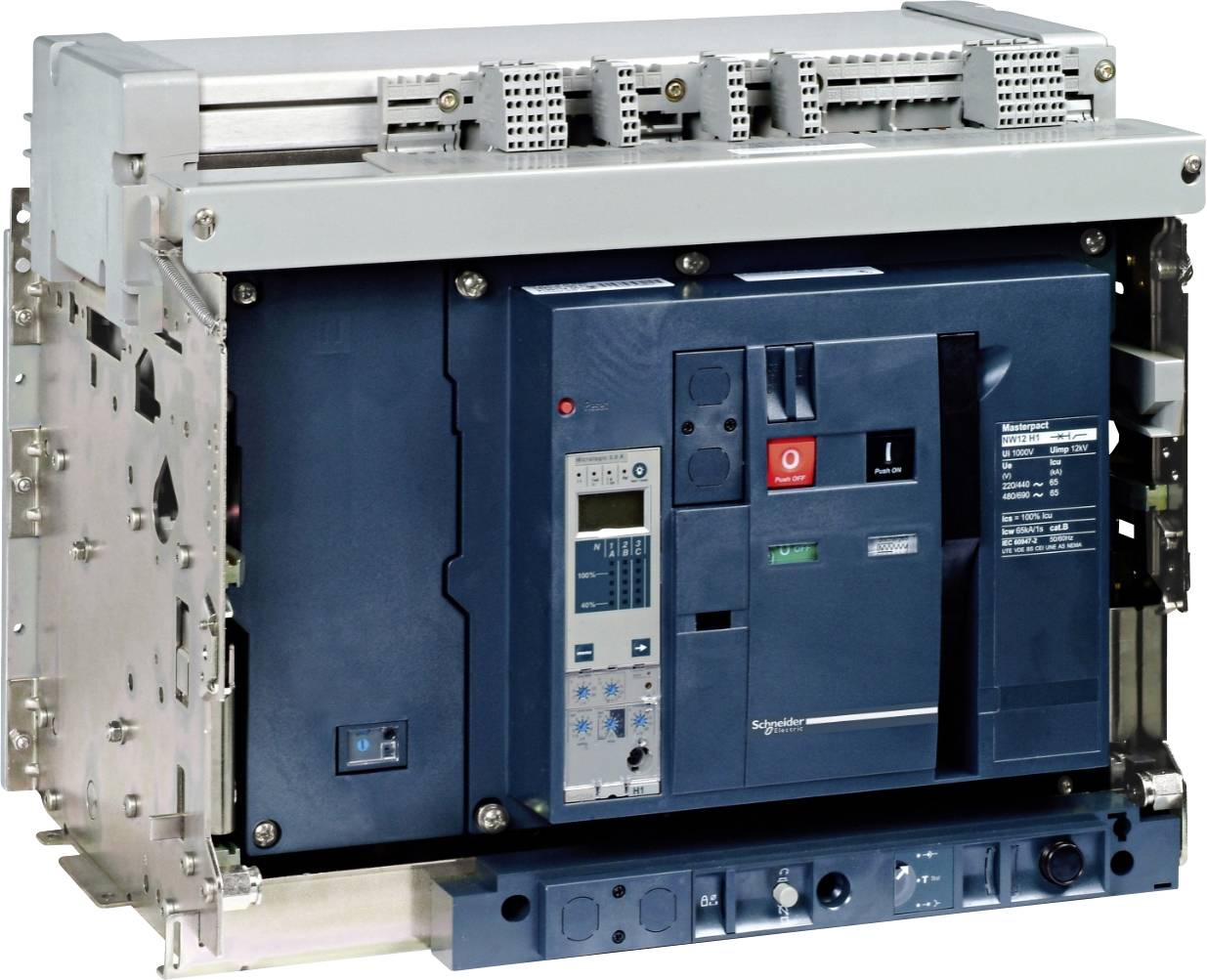 Großes Schneider Electric Schaltgerät mit vorderen Steuerschaltern, Anzeigen und Metallgehäuse.