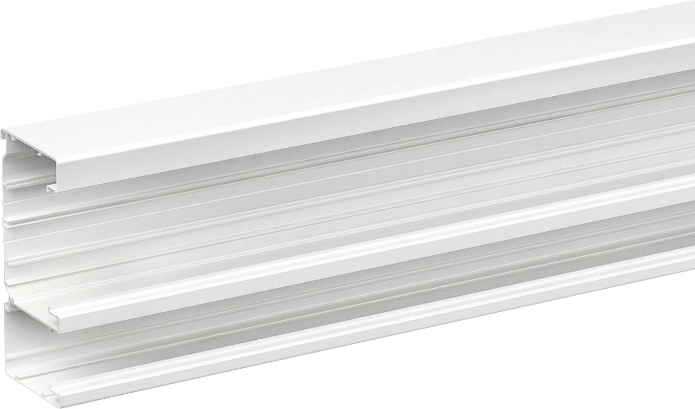Lange weiße Aluminiumprofil-/Strangpressleiste mit mehreren Nuten, auf weißem Hintergrund dargestellt.
