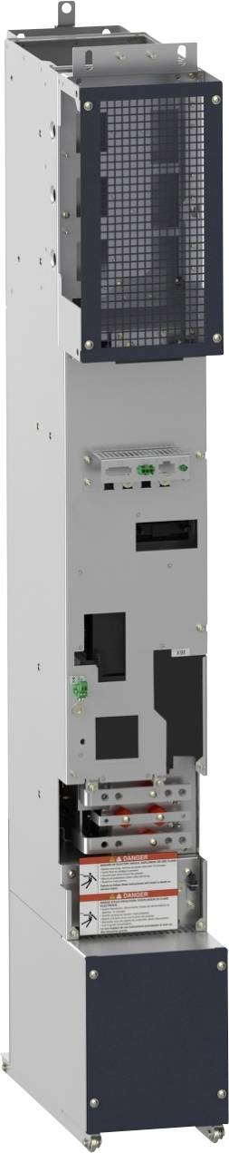 Hohes graues Industrie-Elektroschrank mit Belüftungsgitter an der Vorderseite, Statusanzeigen, Steckverbindern und Warnetiketten.
