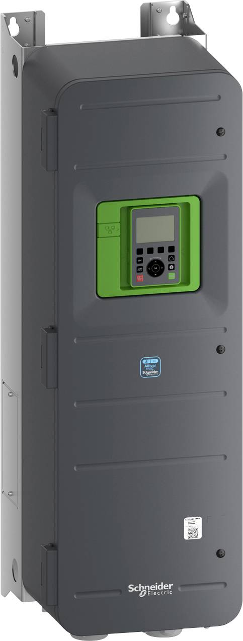 Graue Schneider Electric Elektroantriebseinheit mit grünem Bedienfeld auf der Vorderseite, vertikal montiert dargestellt.