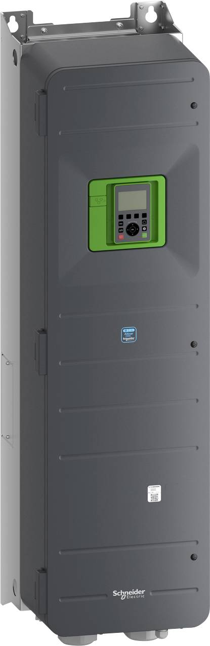 Schneider Electric Industrie-Antriebsschrank, dunkelgrau mit grünem Bedienfeld an der Vorderseite.