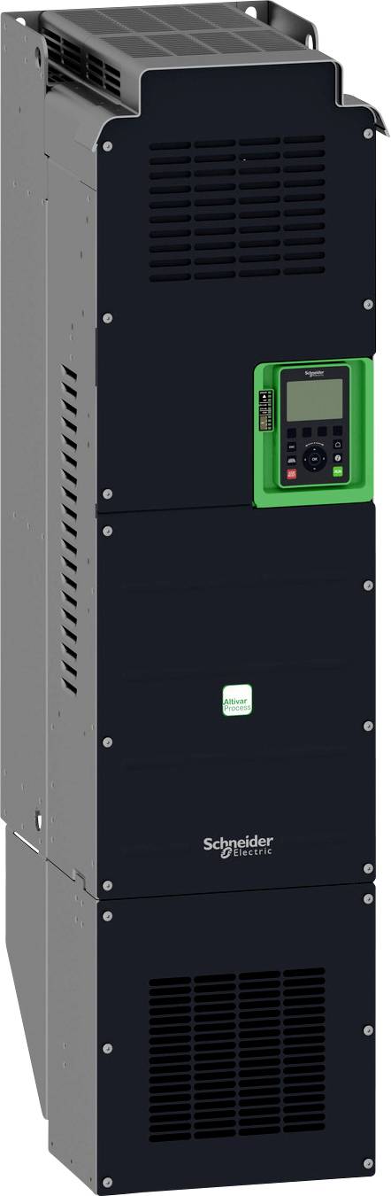 Hohes schwarzes Schaltschrank-/Steuergeräte-Gehäuse von Schneider Electric für industrielle Antriebe mit Frontbelüftung, grüner Steuerpad-Anzeige und Markenlogo.