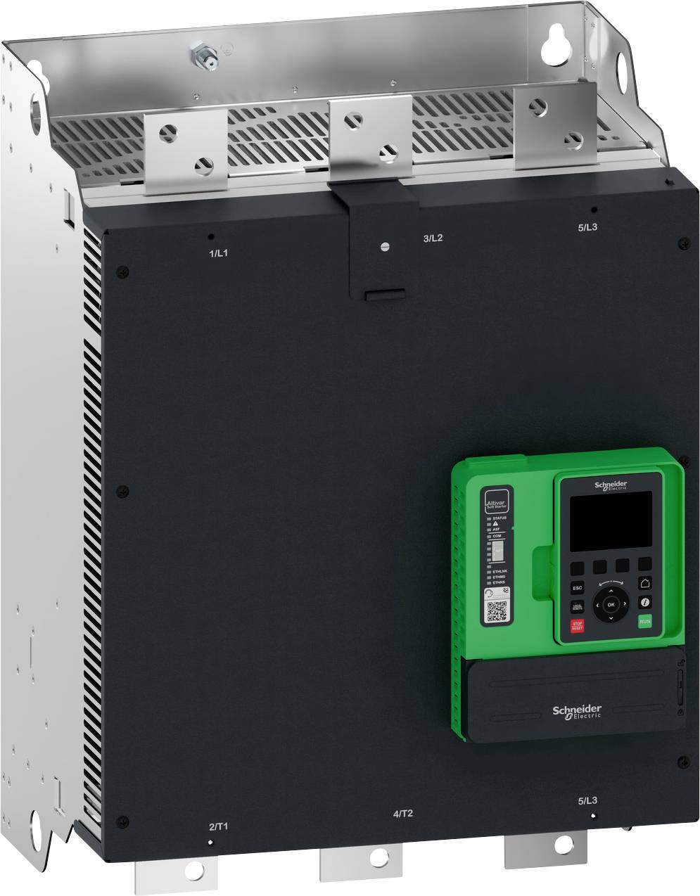 Industrieller Schneider Electric Motorsteuerung mit grünem digitalem Steuermodul auf einer schwarzen Stromversorgungseinheit montiert.