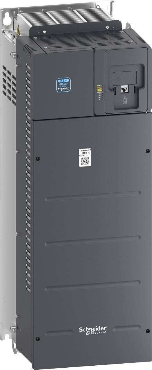 Frontansicht einer Schneider Electric Industrieantriebseinheit mit Bedienfeld und Statusanzeigen, montiert in einem Metallgehäuse.