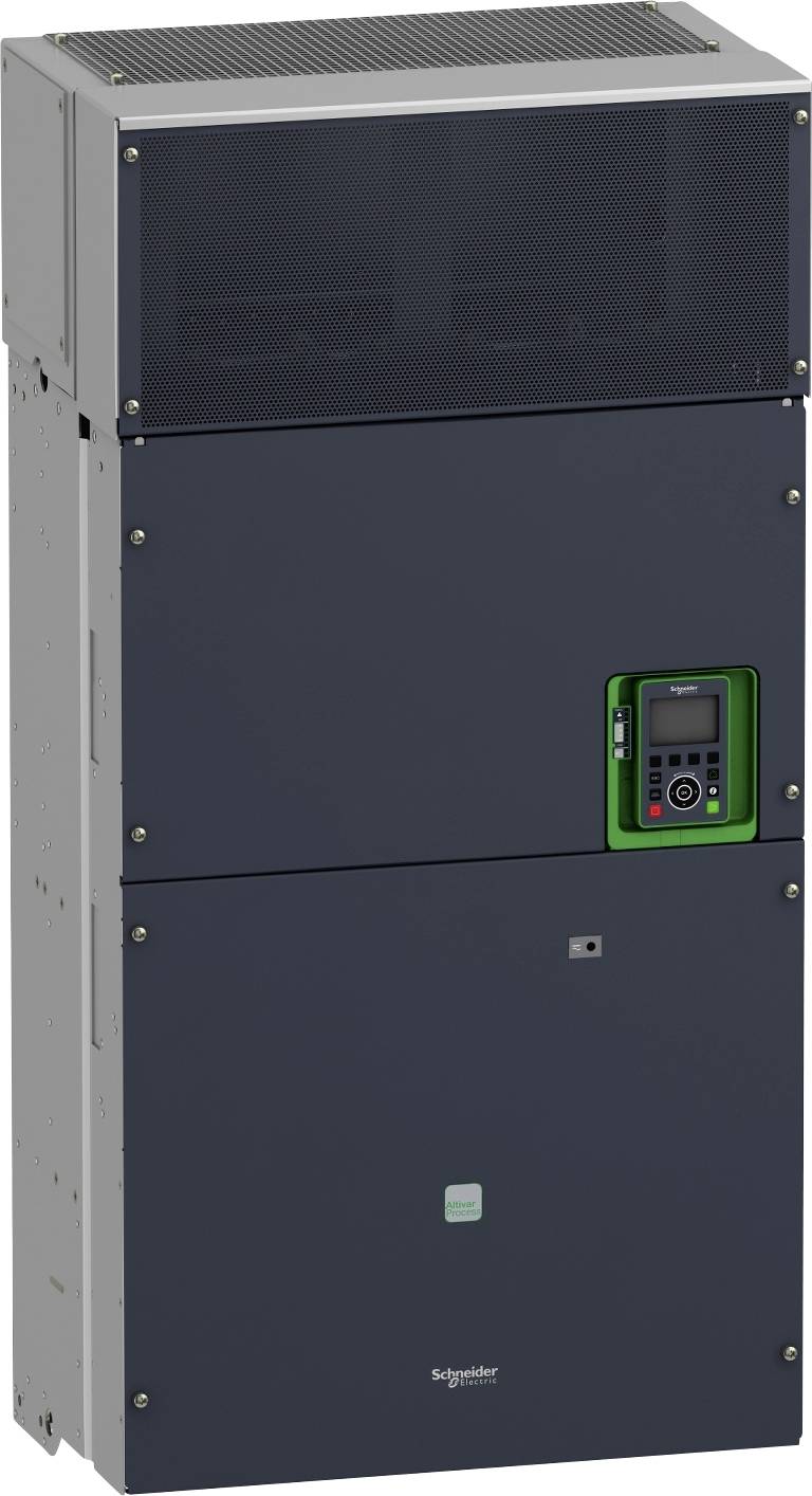 Großer Schaltschrank von Schneider Electric mit einem kleinen grünen Bedienfeld auf der Vorderseite, gezeigt in einer studioähnlichen Produktansicht.