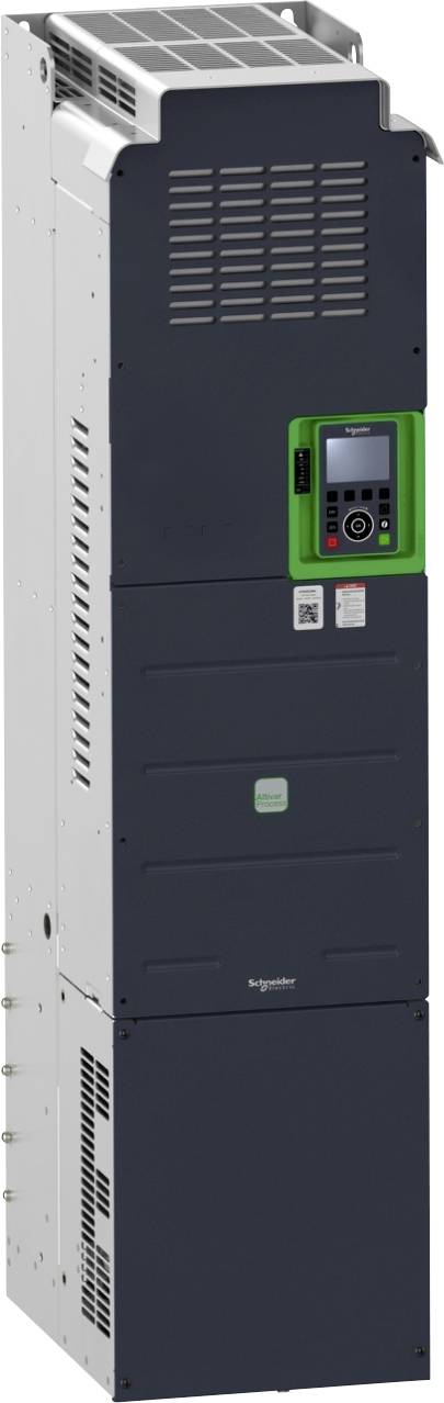 Hoher Schneider Electric Industrieantriebsschrank mit grünem Bedienfeld und Display an der Vorderseite