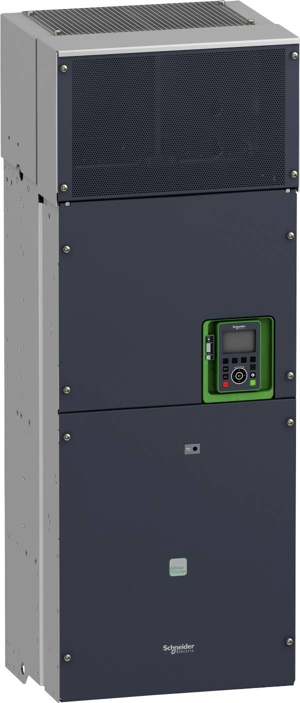 Hoher dunkelgrauer Schaltschrank für Industriesteuerung von Schneider Electric mit einem digital Anzeigefeld mit grünem Rahmen auf der rechten Seite