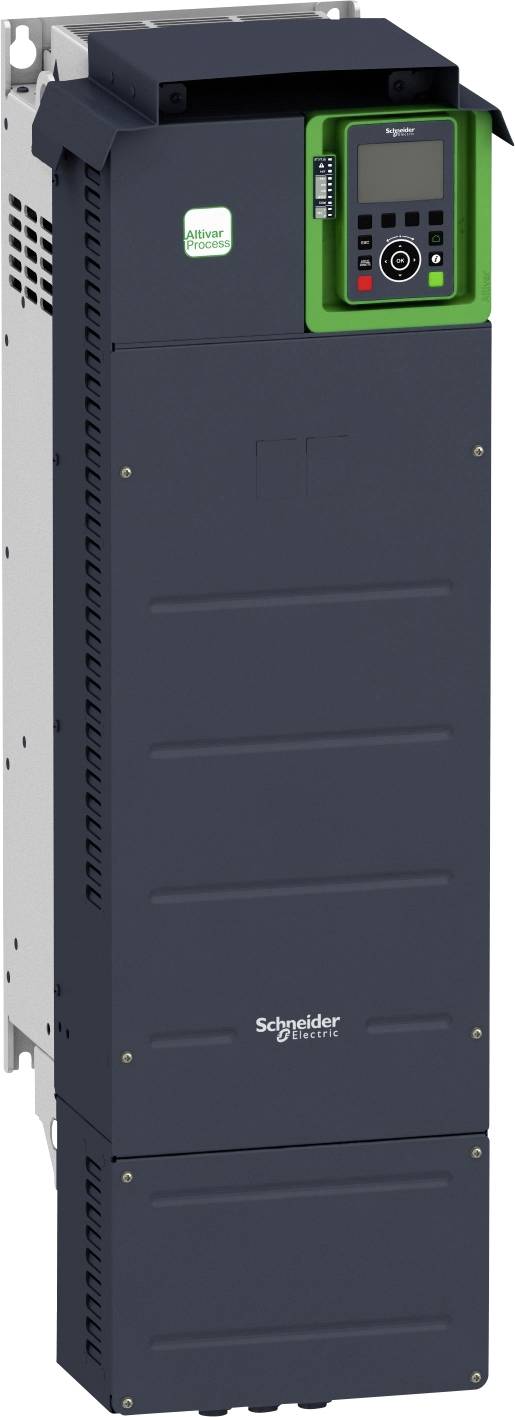 Frontansicht eines Schneider Electric Industrie-Antriebs oder Frequenzumrichters, ein hohes dunkelgraues Elektro-Steuergerät mit einem grünen Display-Panel.