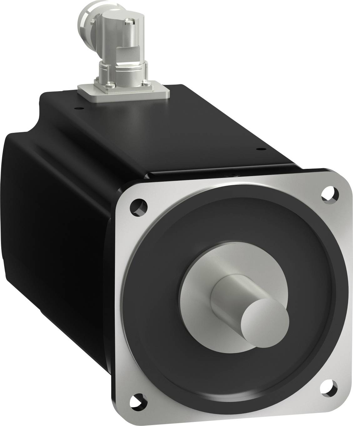 Industrieller Elektromotor mit quadratischem Montageflansch und vorstehender Welle, isoliert auf weißem Hintergrund dargestellt.