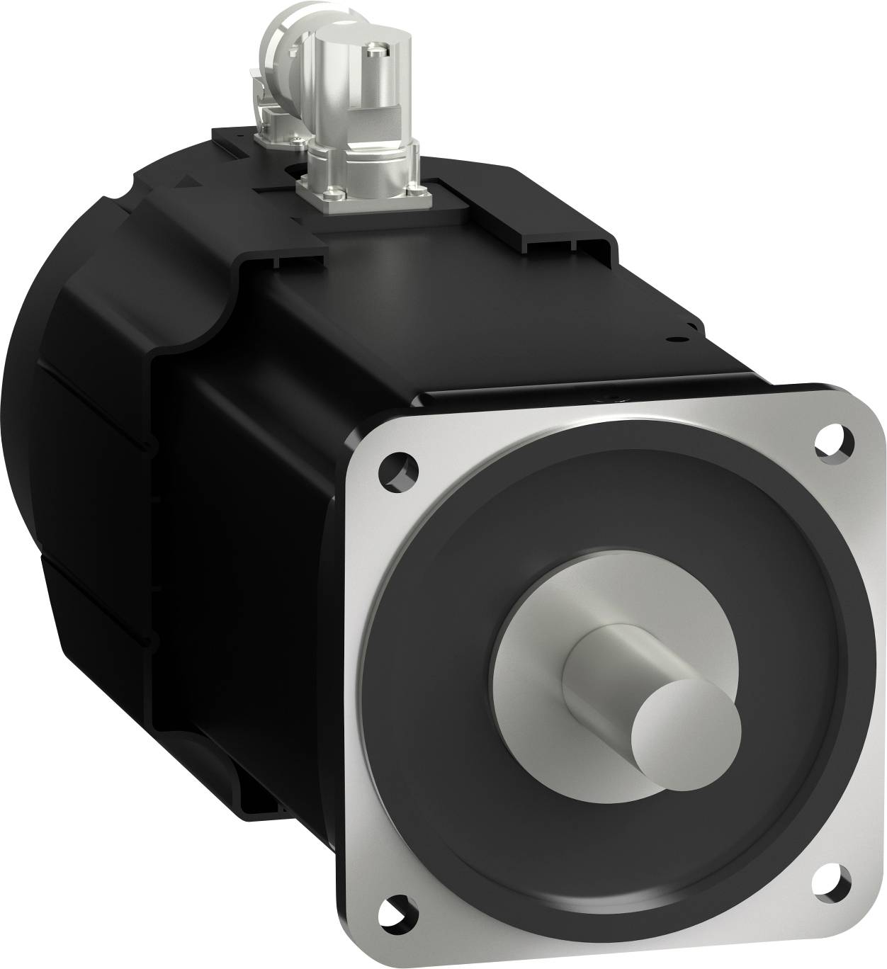 Schwarzer Elektromotor mit quadratischem Vorderflansch und zentralem Wellenstecker, dargestellt auf weißem Hintergrund.