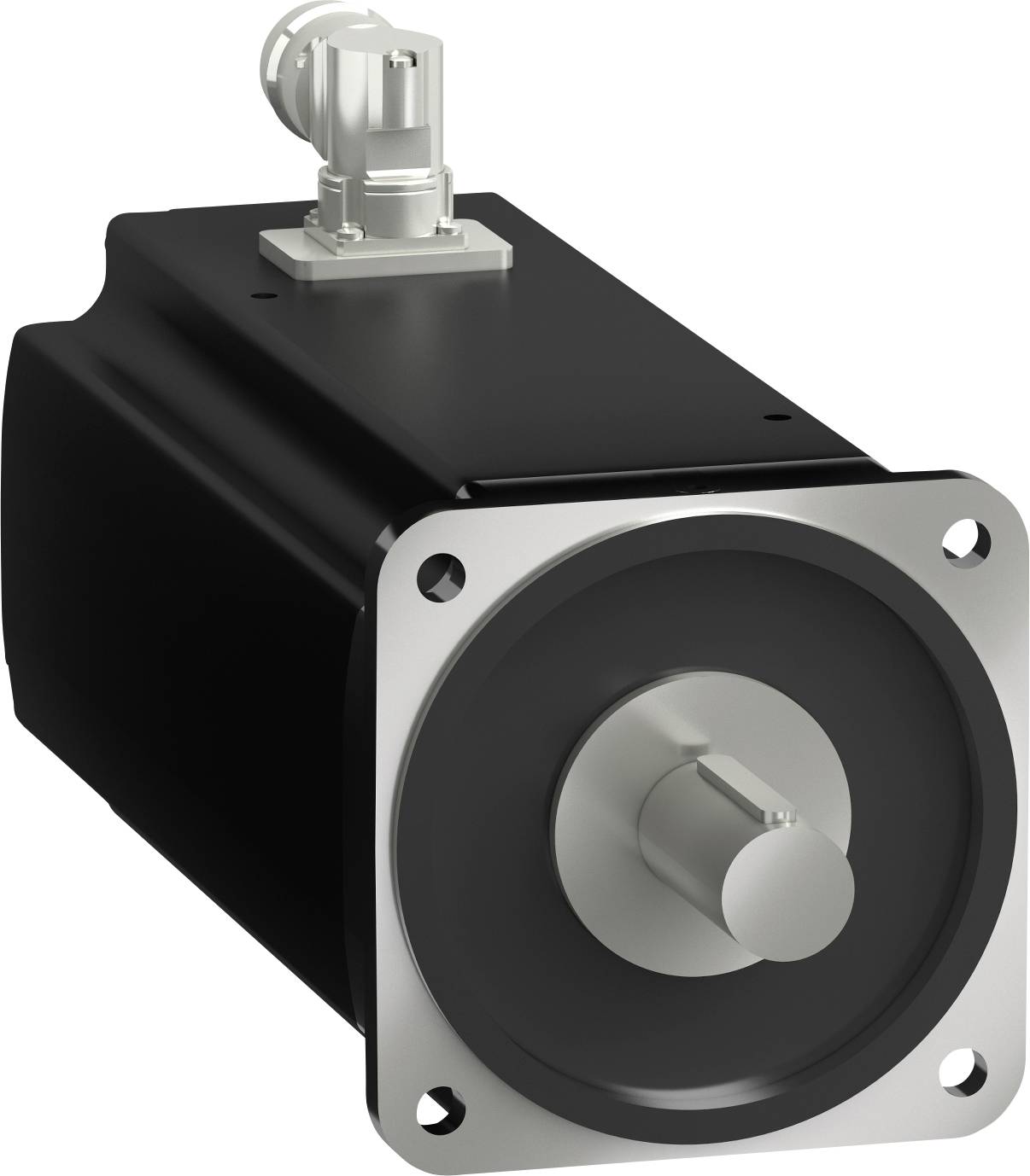 Schwarzer Elektromotor mit silbernem Montageflansch und Welle, gezeigt auf weißem Hintergrund.